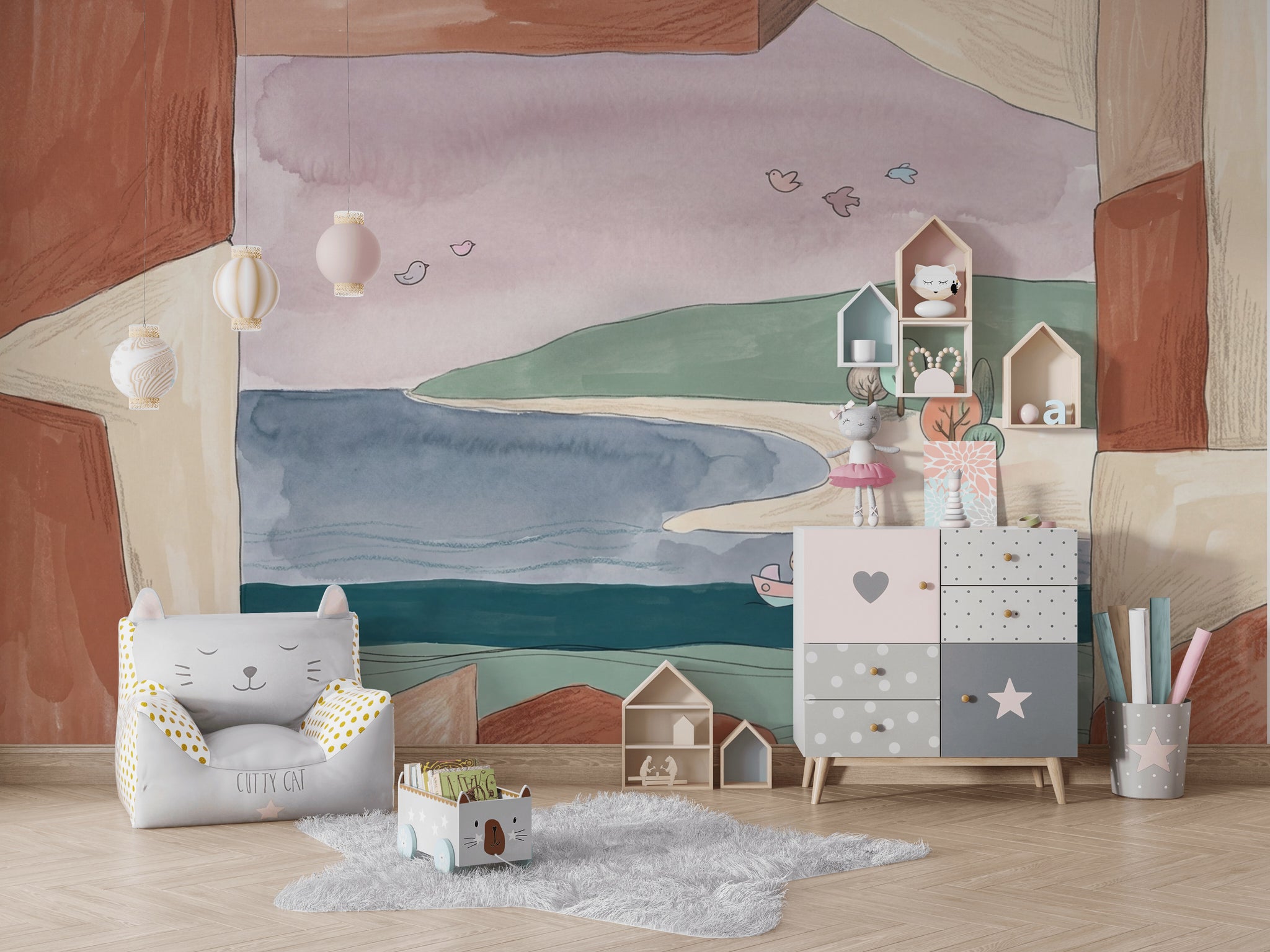 Muted Green Wallpaper Coastal Landscape Storybook Wall Mural