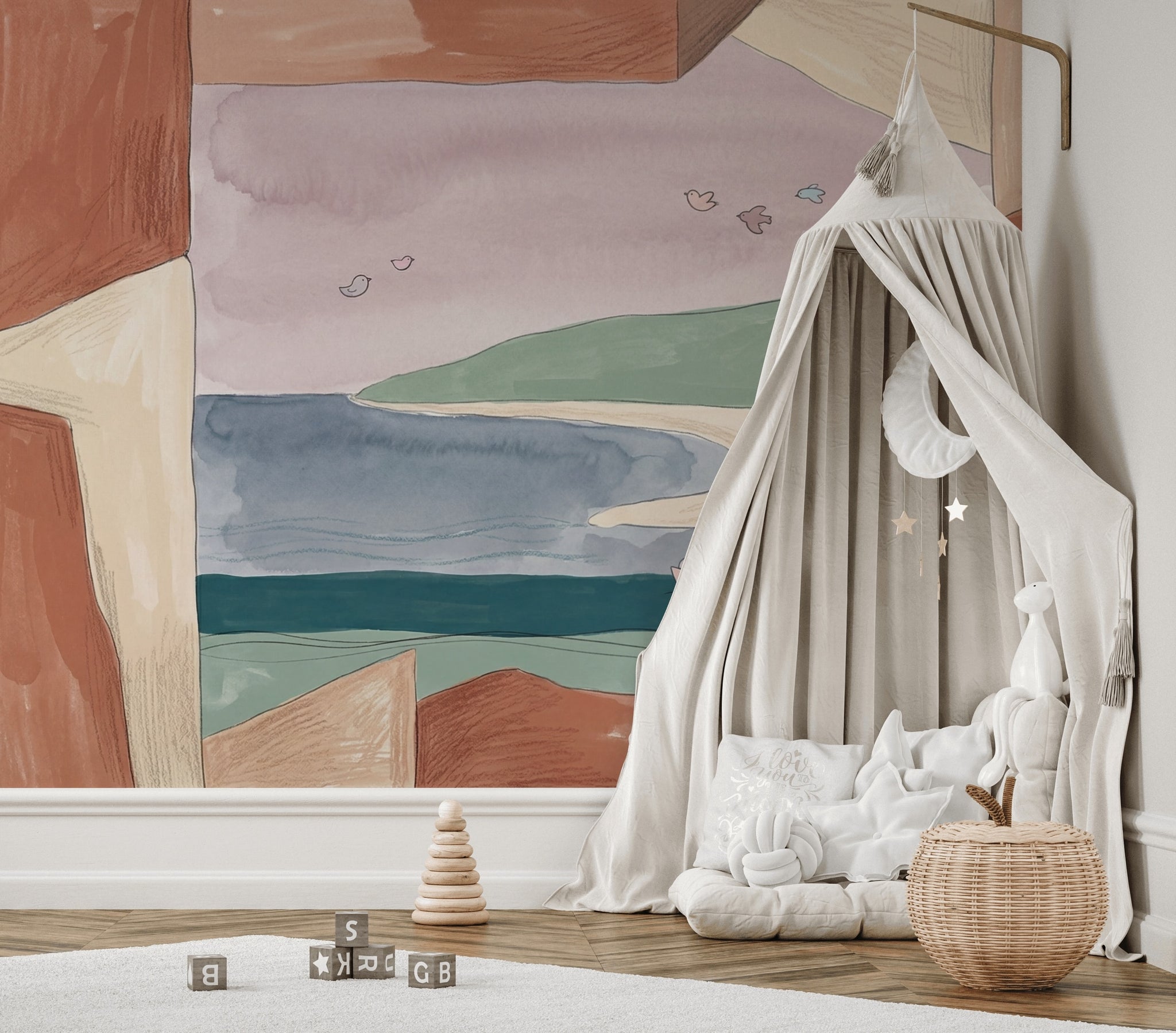 Muted Green Wallpaper Coastal Landscape Storybook Wall Mural