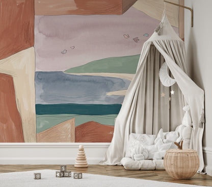 Muted Green Wallpaper Coastal Landscape Storybook Wall Mural