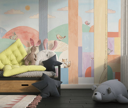Abstract Landscape Wallpaper Pastel Woodland Animals Removable Wall Decor