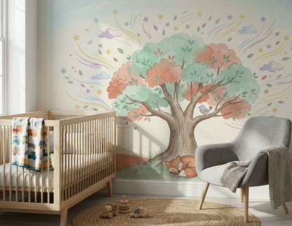 Watercolor Landscape Wallpaper Whimsical Tree Sleeping Fox Wall Mural