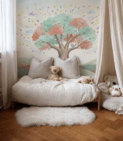 Watercolor Landscape Wallpaper Whimsical Tree Sleeping Fox Wall Mural