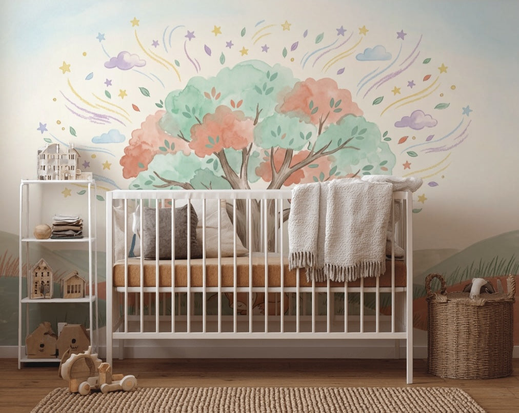 Watercolor Landscape Wallpaper Whimsical Tree Sleeping Fox Wall Mural