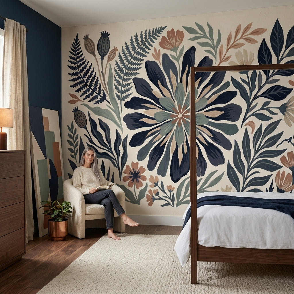 Botanical Wallpaper Hand Painted Modern Folk Wall Mural