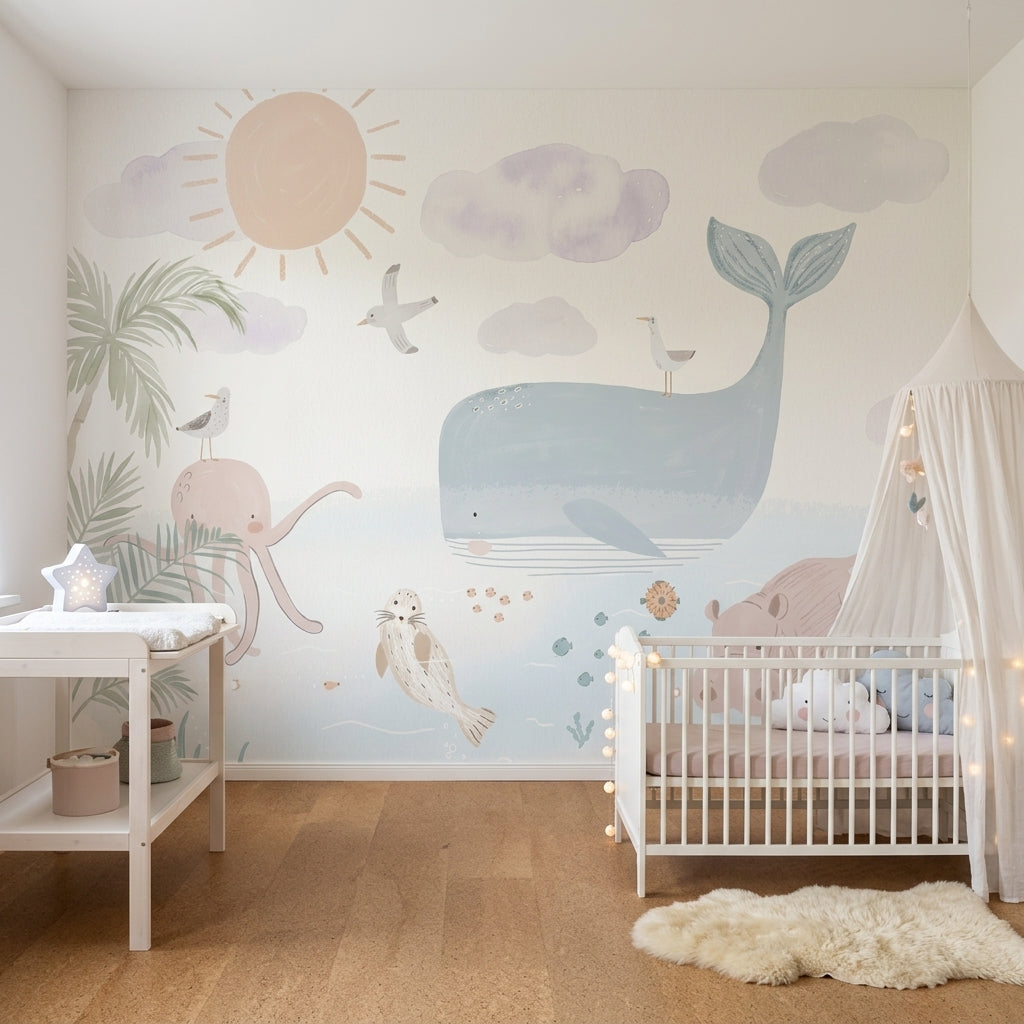 Ocean Animals Wallpaper Pastel Watercolor Removable Wall Decor