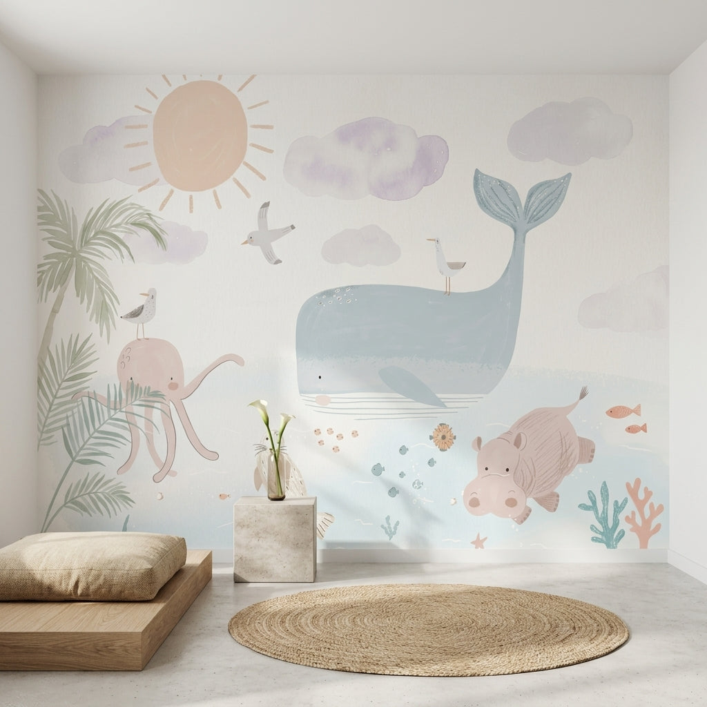 Ocean Animals Wallpaper Pastel Watercolor Removable Wall Decor