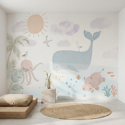 Ocean Animals Wallpaper Pastel Watercolor Removable Wall Decor