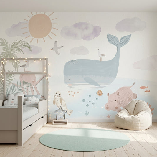 Ocean Animals Wallpaper Pastel Watercolor Removable Wall Decor