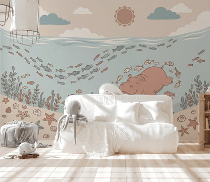 Underwater Wallpaper Ocean Removable Cartoon Hippo Wall Decor