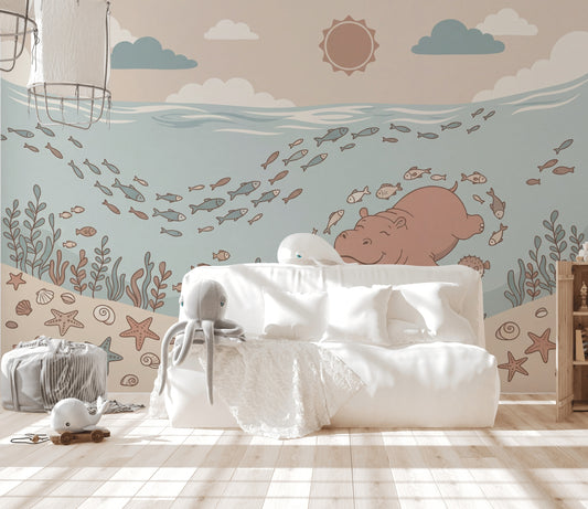 Underwater Wallpaper Ocean Removable Cartoon Hippo Wall Decor