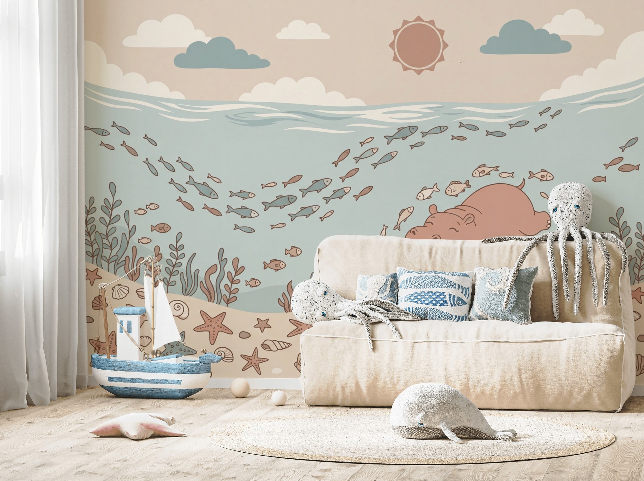 Underwater Wallpaper Ocean Removable Cartoon Hippo Wall Decor