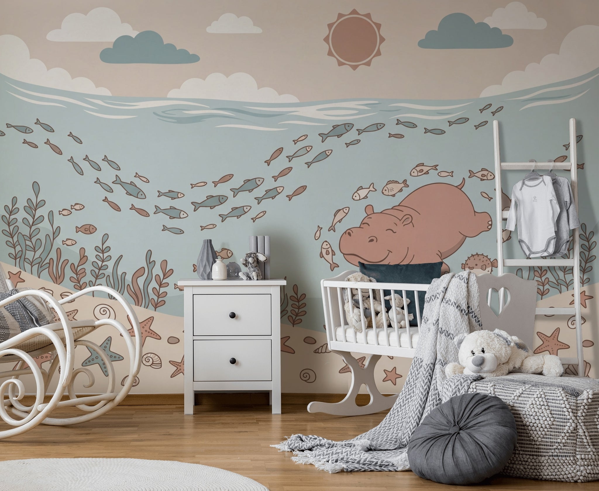Underwater Wallpaper Ocean Removable Cartoon Hippo Wall Decor