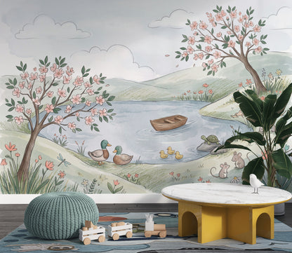 Spring Landscape Wallpaper Watercolor Whimsical Nursery Removable Wall Decor