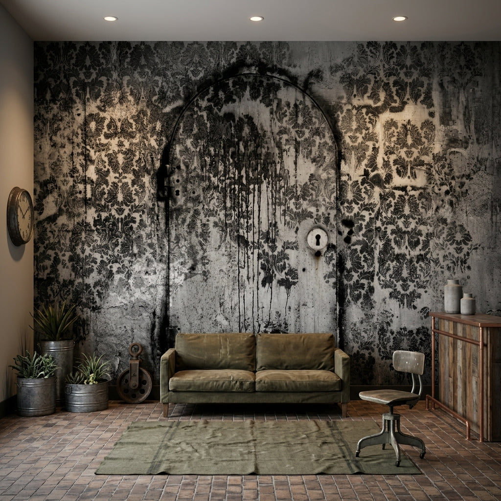 Distressed Damask Wallpaper Aged Wall Arched Door Outline Wall Mural
