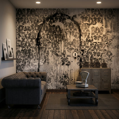 Distressed Damask Wallpaper Aged Wall Arched Door Outline Wall Mural