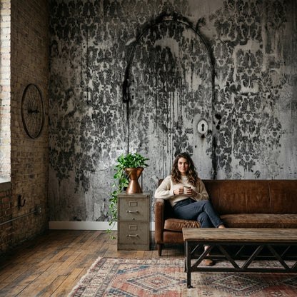 Distressed Damask Wallpaper Aged Wall Arched Door Outline Wall Mural
