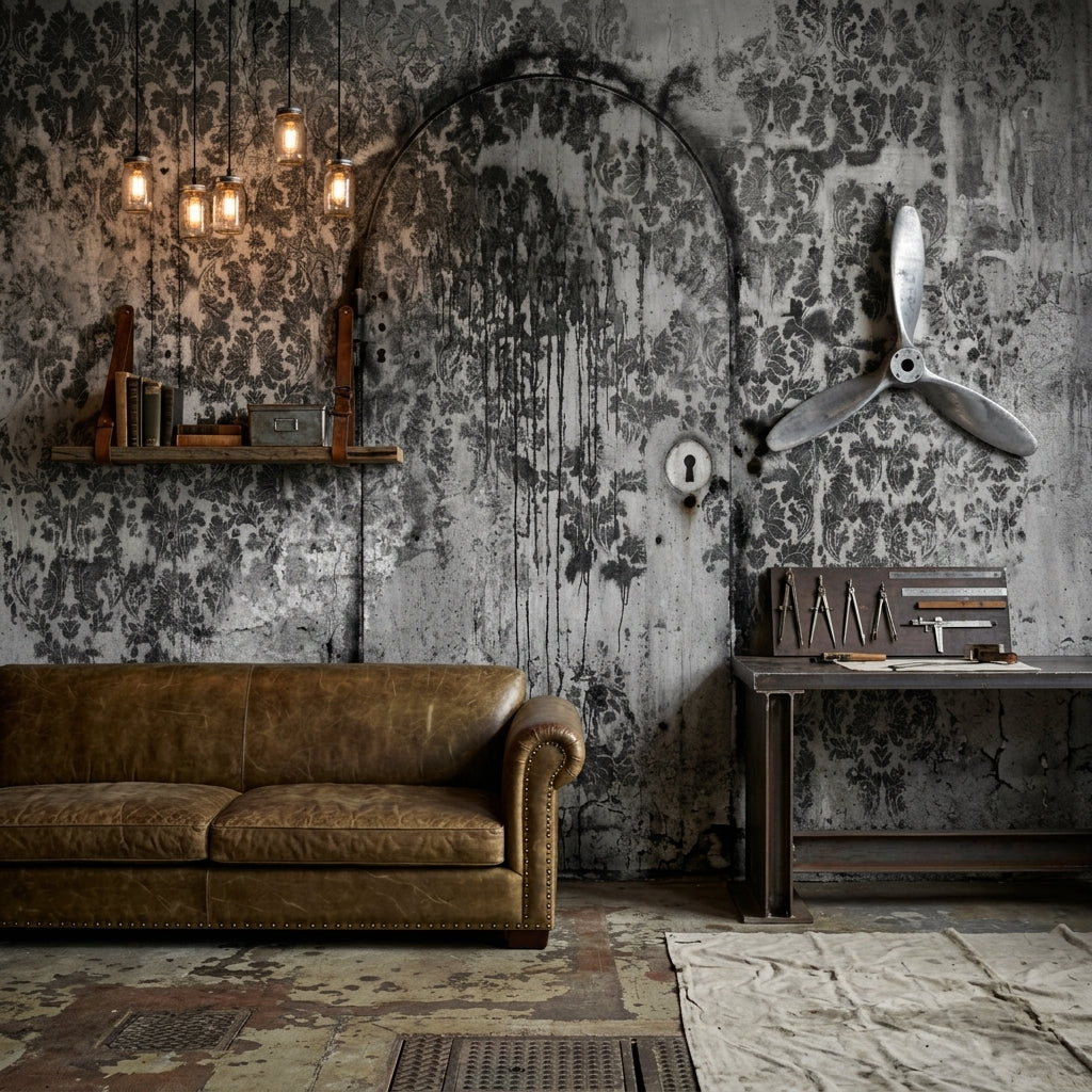 Distressed Damask Wallpaper Aged Wall Arched Door Outline Wall Mural