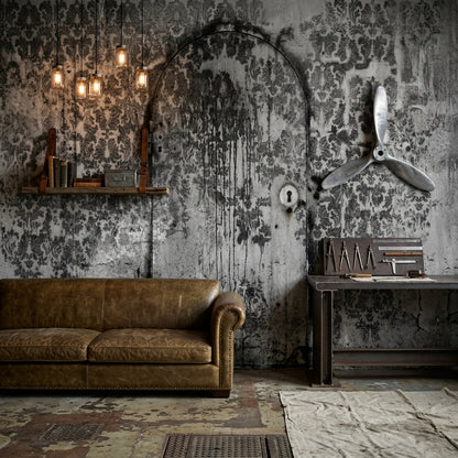 Distressed Damask Wallpaper Aged Wall Arched Door Outline Wall Mural