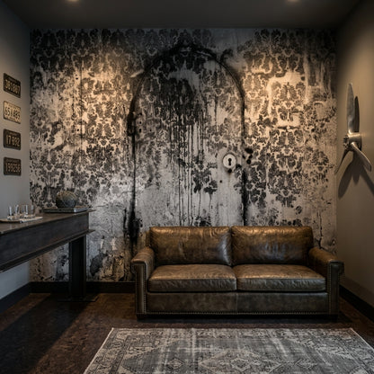 Distressed Damask Wallpaper Aged Wall Arched Door Outline Wall Mural