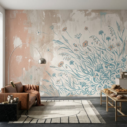 Wildflower Wallpaper Botanical Line Art Removable Distressed Plaster Wall Decor