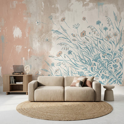 Wildflower Wallpaper Botanical Line Art Removable Distressed Plaster Wall Decor