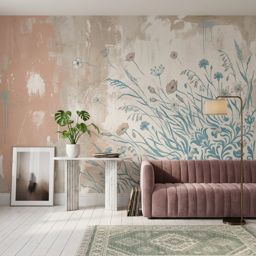 Wildflower Wallpaper Botanical Line Art Removable Distressed Plaster Wall Decor