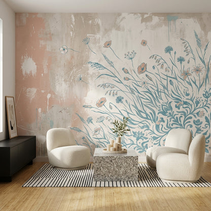 Wildflower Wallpaper Botanical Line Art Removable Distressed Plaster Wall Decor