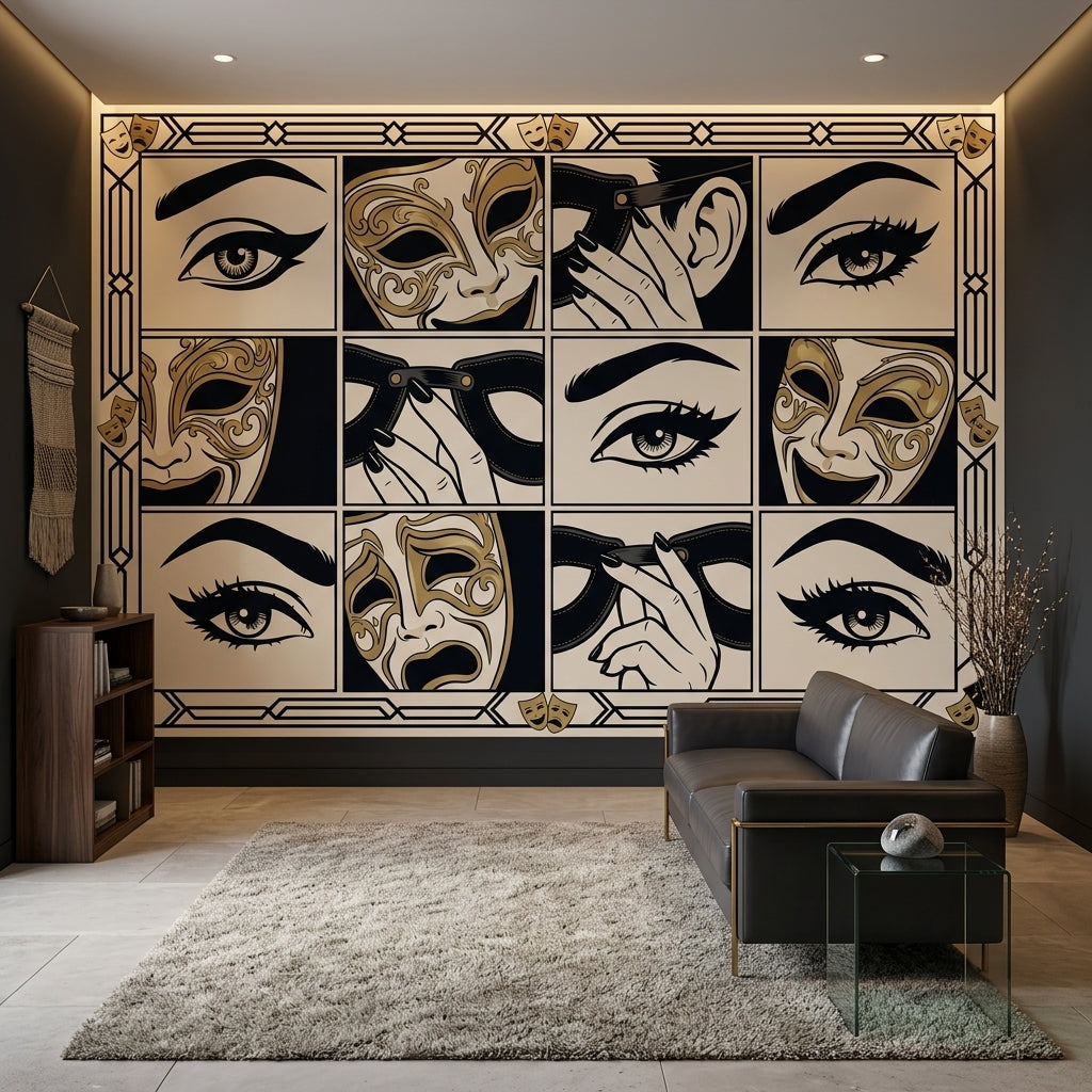 Masquerade Wallpaper Art Deco Theater Masks Removable Wall Decor