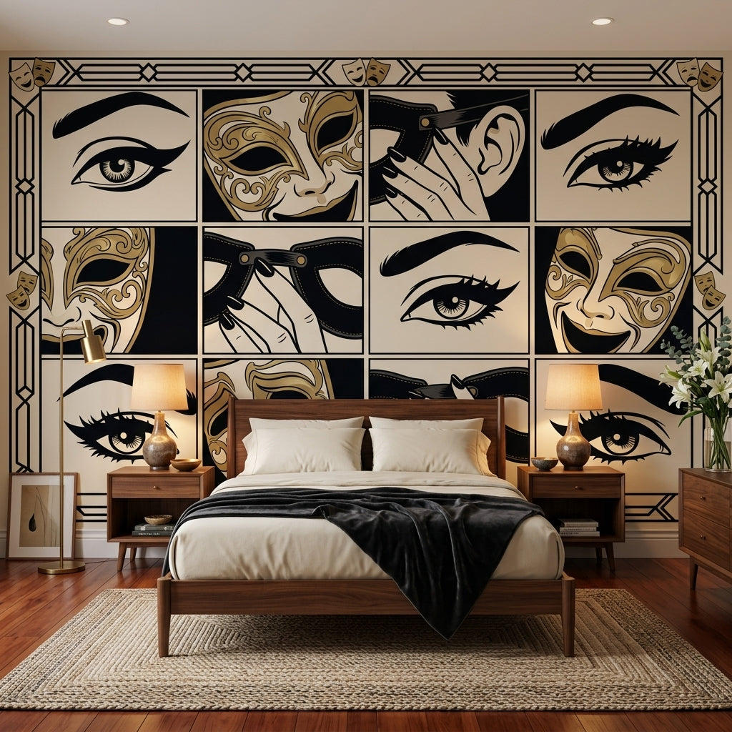 Masquerade Wallpaper Art Deco Theater Masks Removable Wall Decor