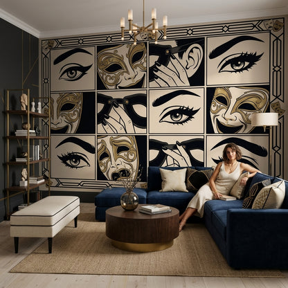 Masquerade Wallpaper Art Deco Theater Masks Removable Wall Decor