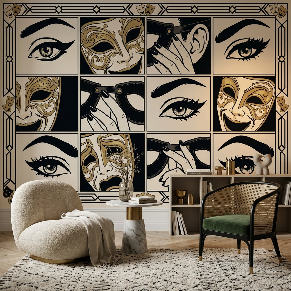 Masquerade Wallpaper Art Deco Theater Masks Removable Wall Decor