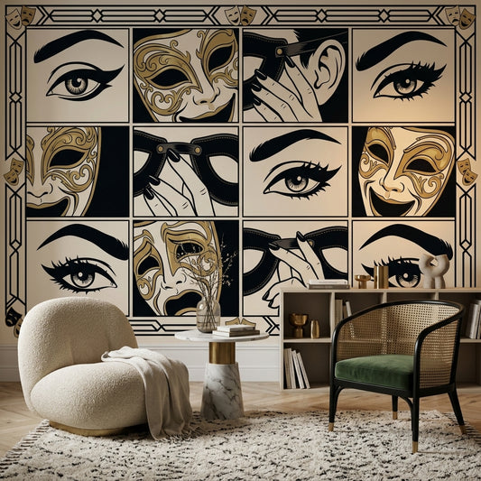 Masquerade Wallpaper Art Deco Theater Masks Removable Wall Decor