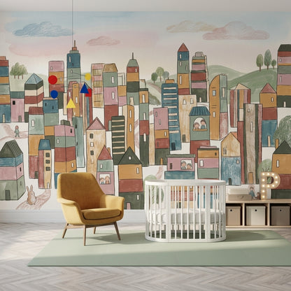 Whimsical Cityscape Wallpaper Hand Drawn Buildings Storybook Illustration Wall Mural
