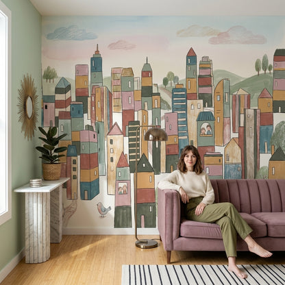 Whimsical Cityscape Wallpaper Hand Drawn Buildings Storybook Illustration Wall Mural