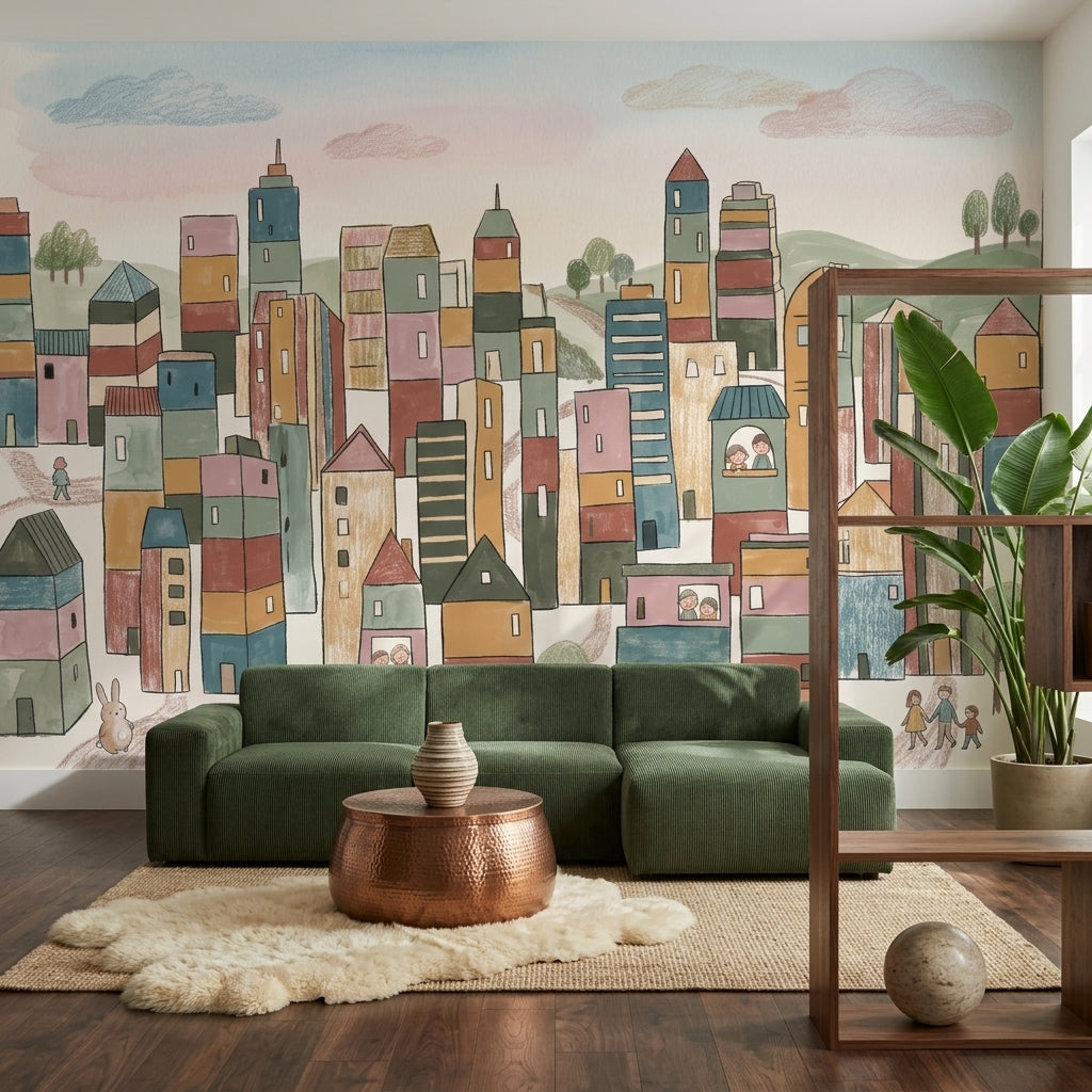 Whimsical Cityscape Wallpaper Hand Drawn Buildings Storybook Illustration Wall Mural