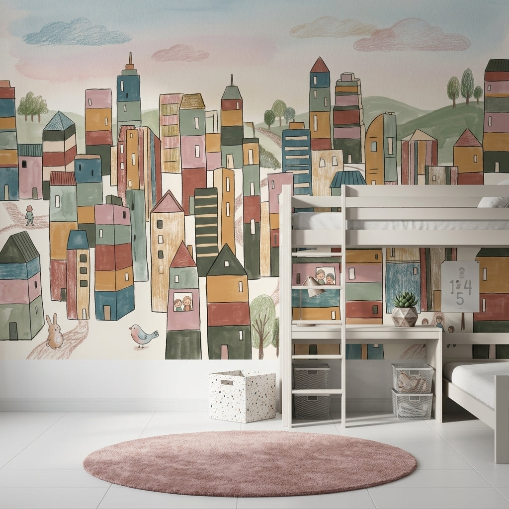 Whimsical Cityscape Wallpaper Hand Drawn Buildings Storybook Illustration Wall Mural