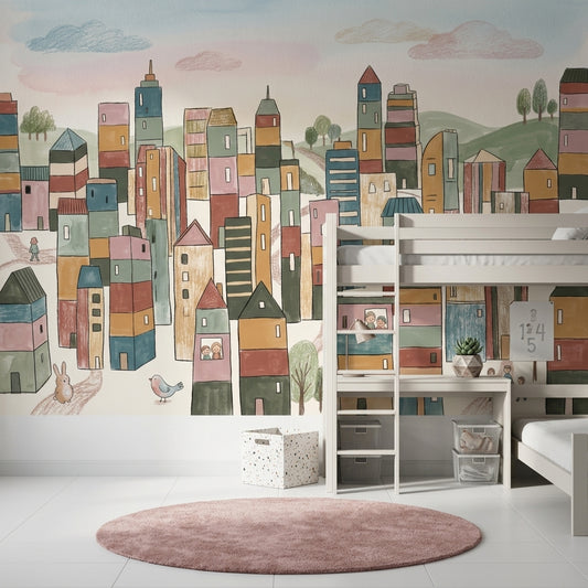 Whimsical Cityscape Wallpaper Hand Drawn Buildings Storybook Illustration Wall Mural