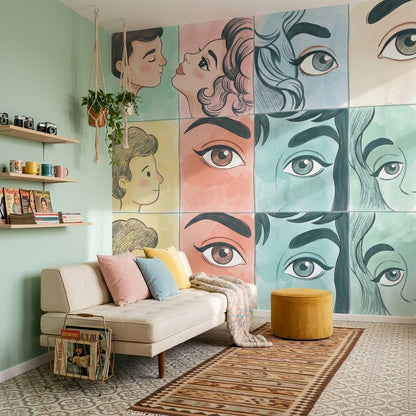 Portrait Collage Wallpaper Pastel Faces Removable Wall Decor