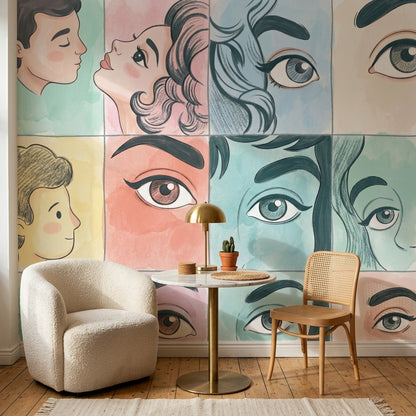 Portrait Collage Wallpaper Pastel Faces Removable Wall Decor