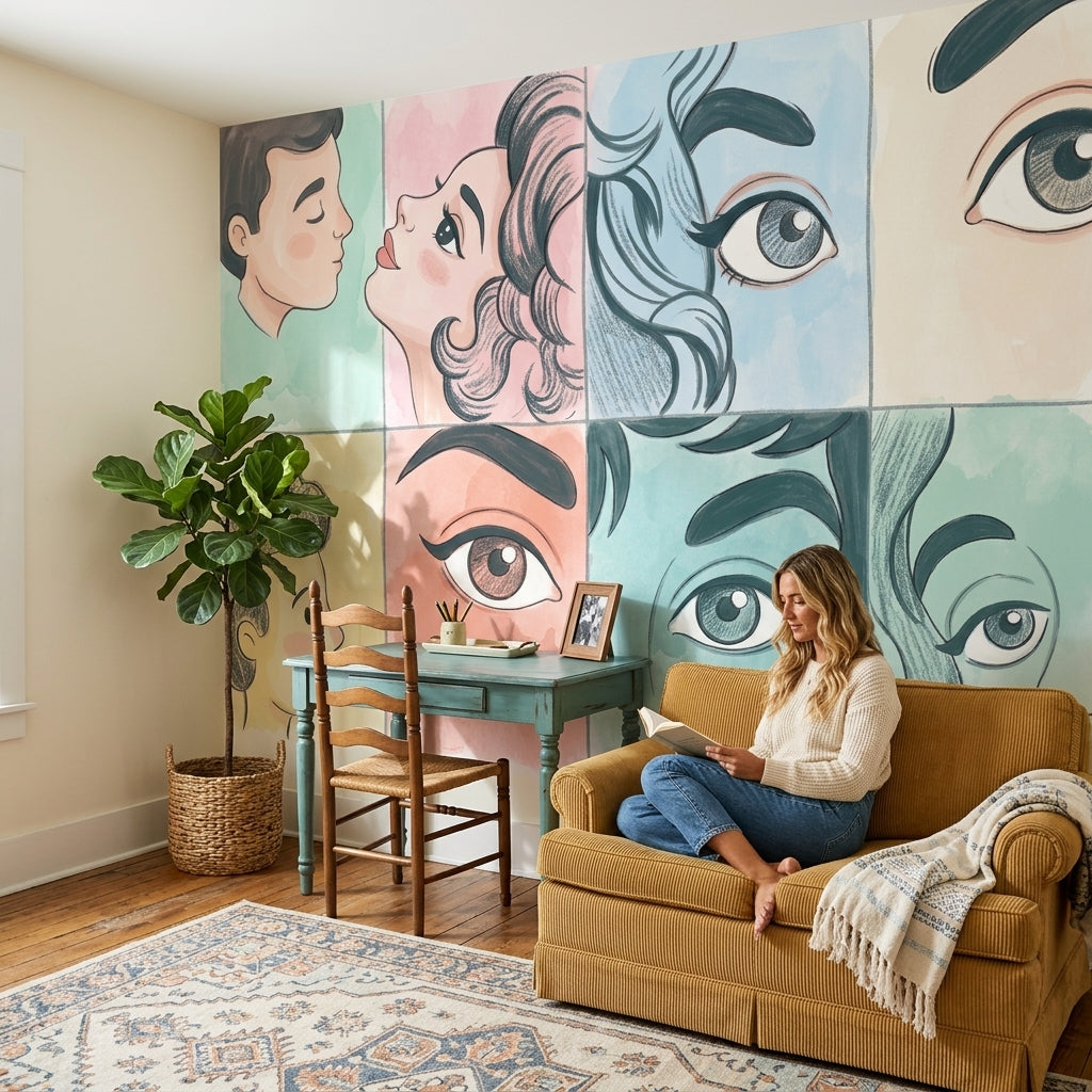 Portrait Collage Wallpaper Pastel Faces Removable Wall Decor