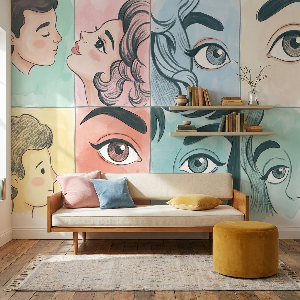 Portrait Collage Wallpaper Pastel Faces Removable Wall Decor