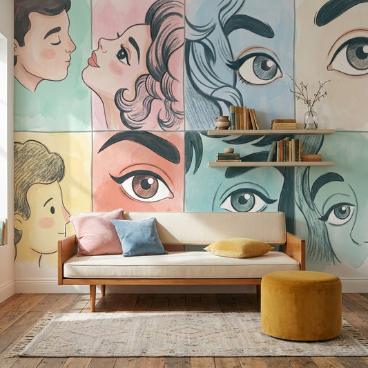Portrait Collage Wallpaper Pastel Faces Removable Wall Decor