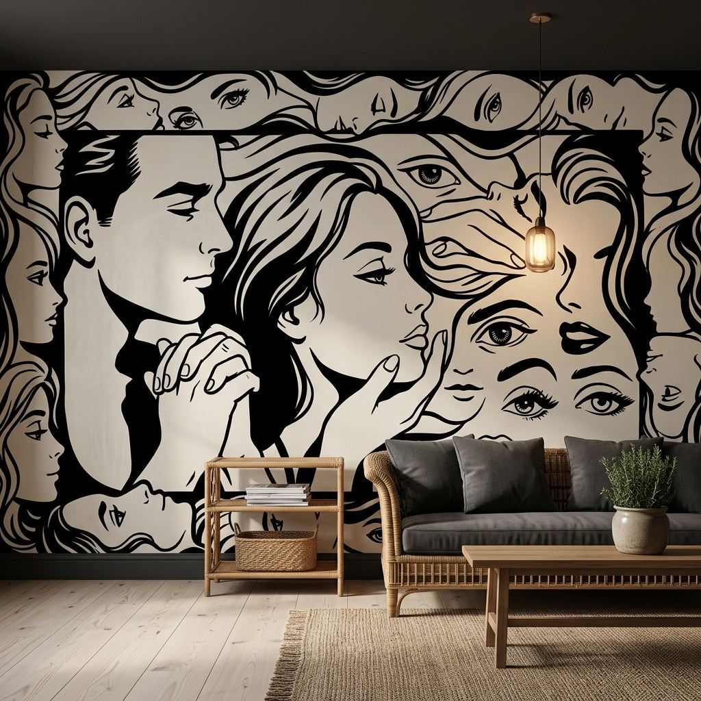 Abstract Faces Wallpaper Portrait Collage Removable Graphic Line Art Wall Decor