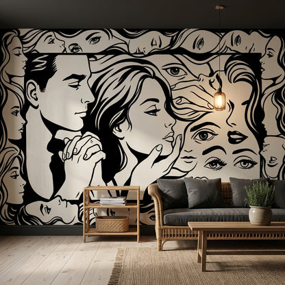 Abstract Faces Wallpaper Portrait Collage Removable Graphic Line Art Wall Decor