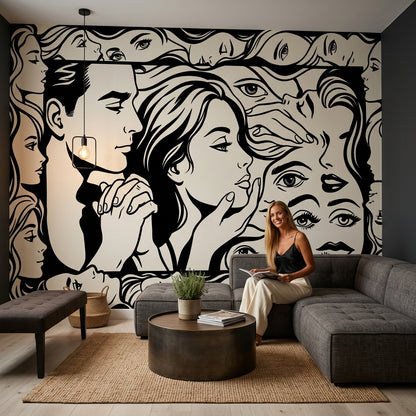 Abstract Faces Wallpaper Portrait Collage Removable Graphic Line Art Wall Decor