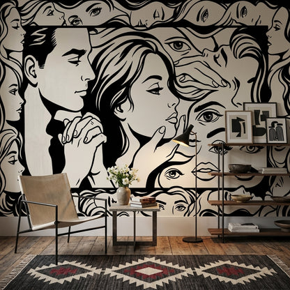 Abstract Faces Wallpaper Portrait Collage Removable Graphic Line Art Wall Decor