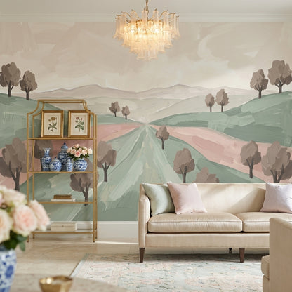 Pastel Landscape Wallpaper Rolling Hills Removable Painterly Brushstrokes Wall Decor