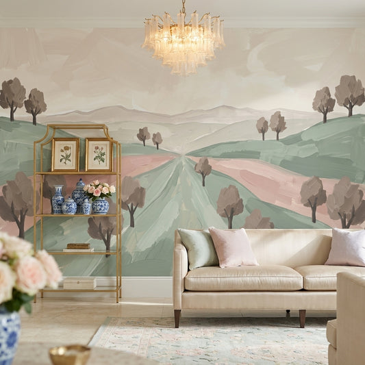 Pastel Landscape Wallpaper Rolling Hills Removable Painterly Brushstrokes Wall Decor