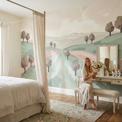 Pastel Landscape Wallpaper Rolling Hills Removable Painterly Brushstrokes Wall Decor