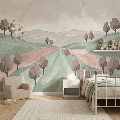 Pastel Landscape Wallpaper Rolling Hills Removable Painterly Brushstrokes Wall Decor